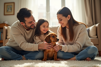 Famille heureuse avec un chiot dachshund dans le salon