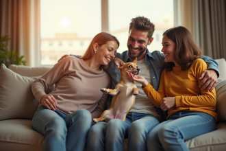 Famille heureuse avec un chiot chihuahua dans le salon