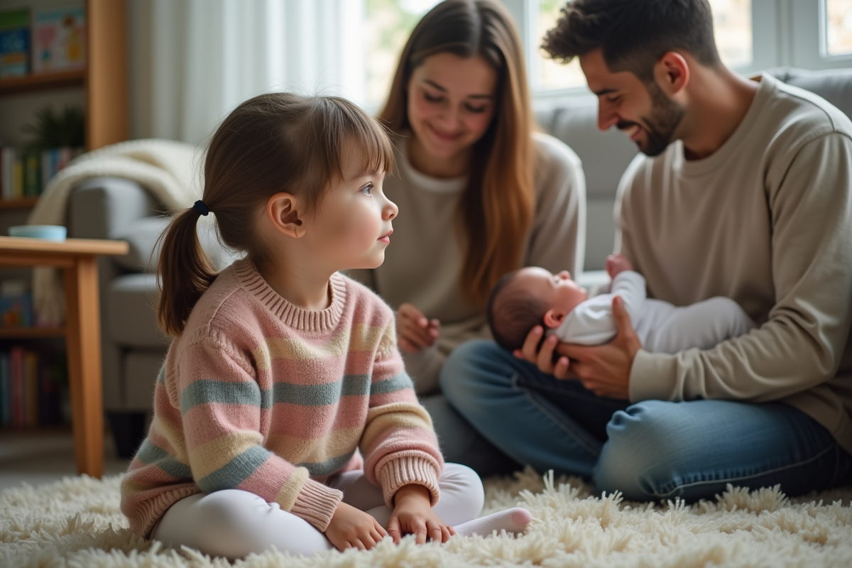 Enfant observant ses parents avec bébé dans le salon