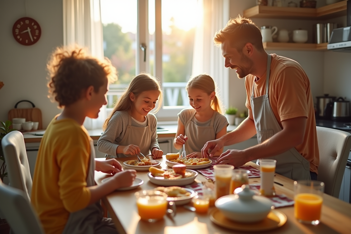 Famille heureuse préparant le petit déjeuner dans une cuisine moderne