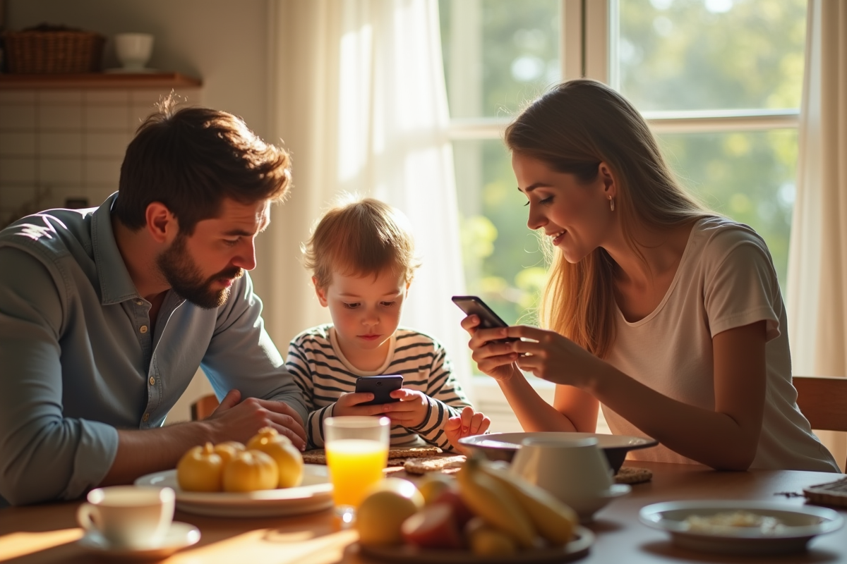 Famille au petit déjeuner avec smartphones à la table
