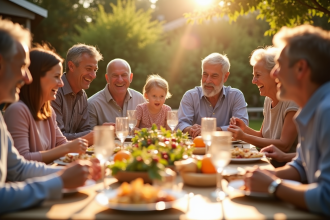 Famille multigenerational partageant un repas en plein air