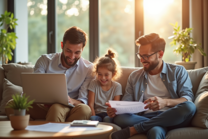 Jeune famille dans un salon lumineux et moderne