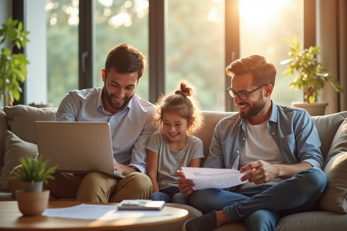 Jeune famille dans un salon lumineux et moderne
