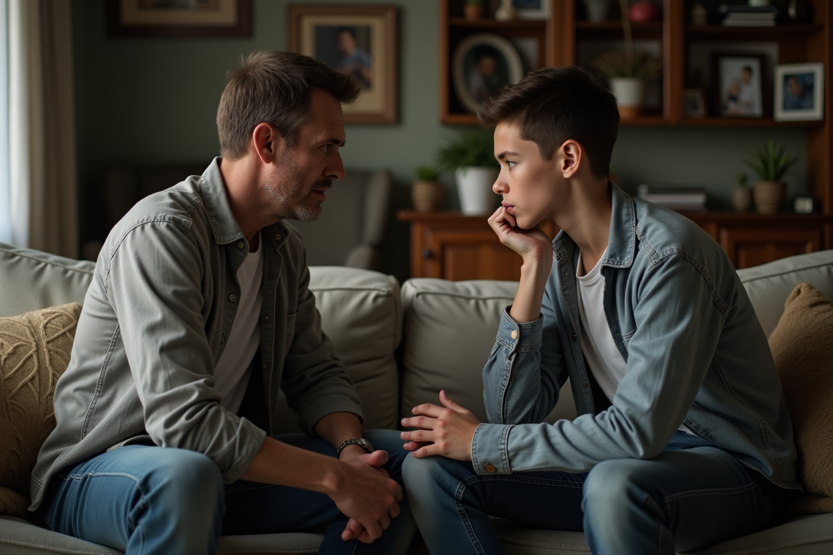 Homme et adolescent assis sur un canapé en tension