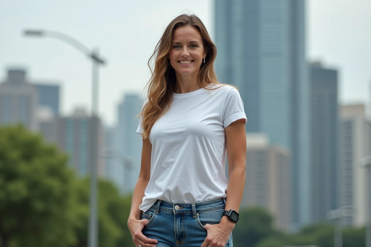 Femme sportive en ville avec paysage urbain