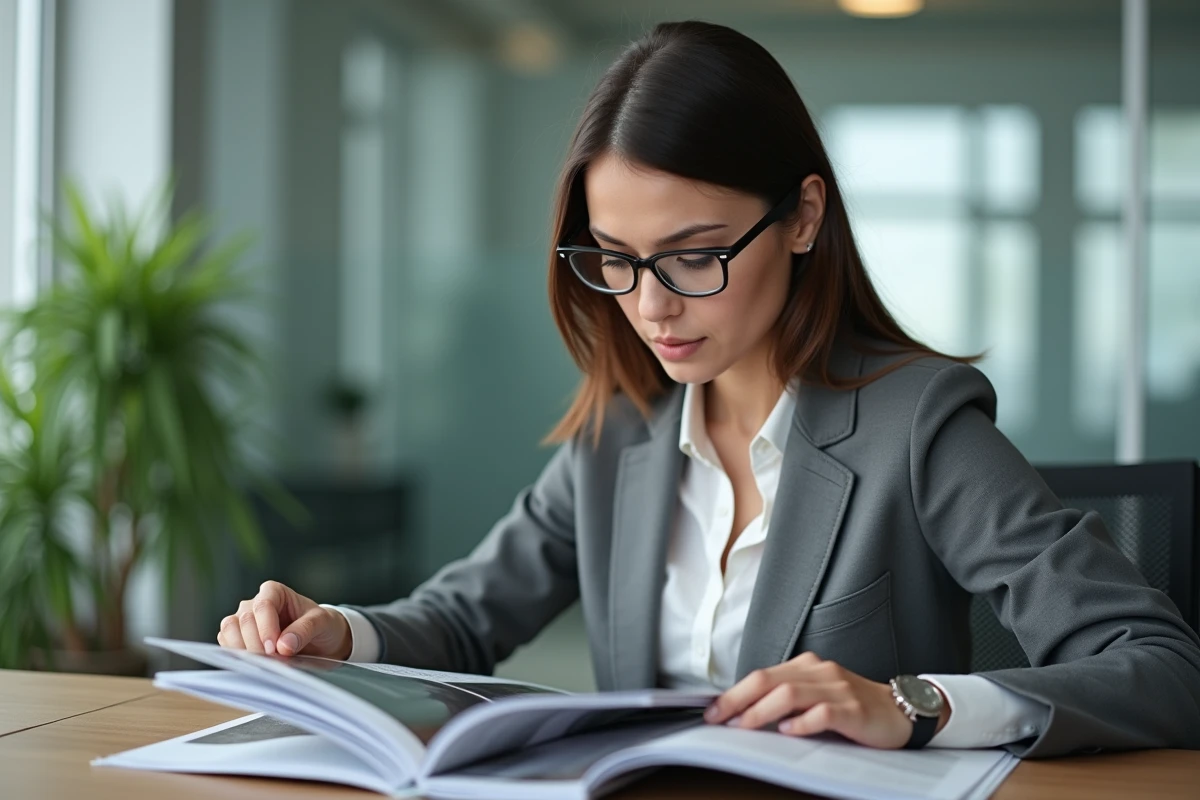 Femme d affaires en bureau lisant un magazine