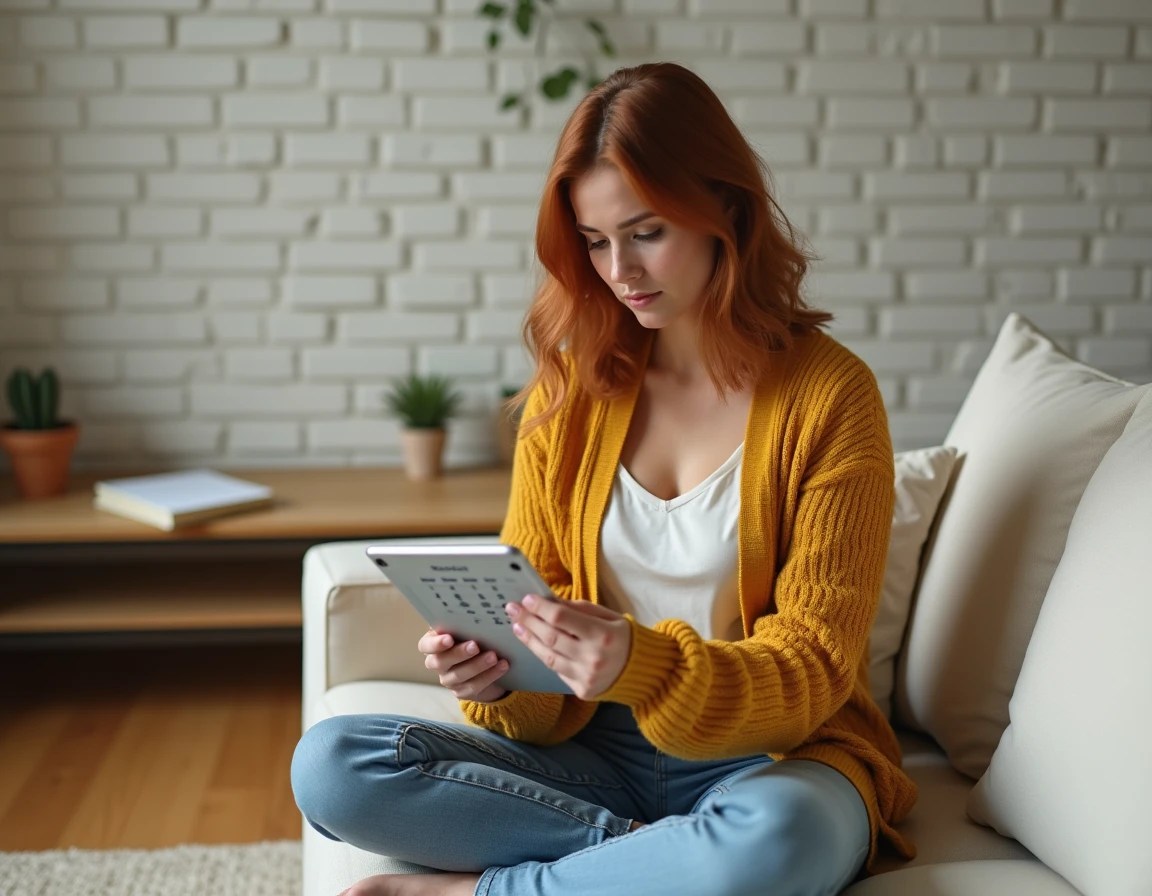 Jeune femme vérifiant le calendrier des semaines paires et impaires 2026 sur une tablette depuis son salon