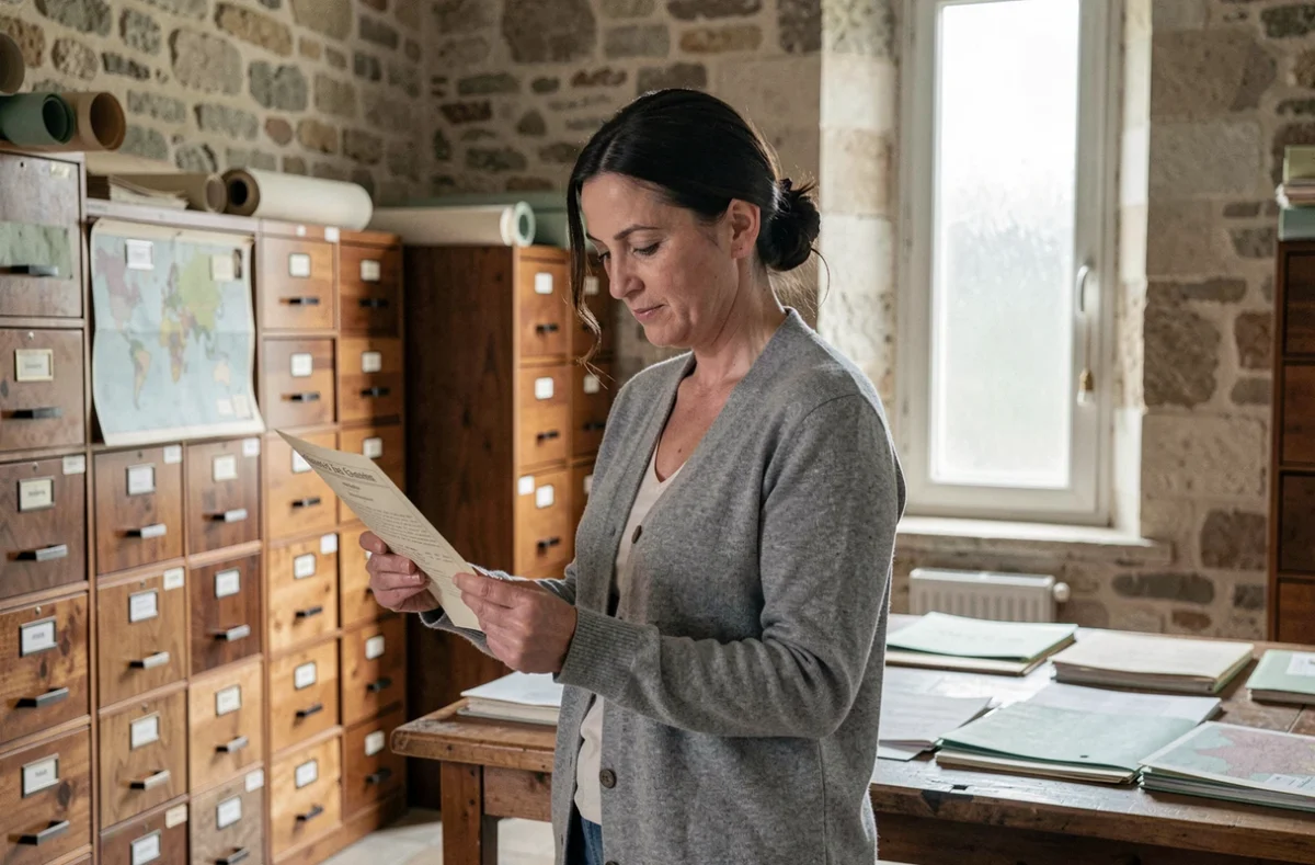 Femme consultant un acte de naissance ancien dans une salle d'archives municipales en France, entourée d'armoires en bois et de dossiers historiques