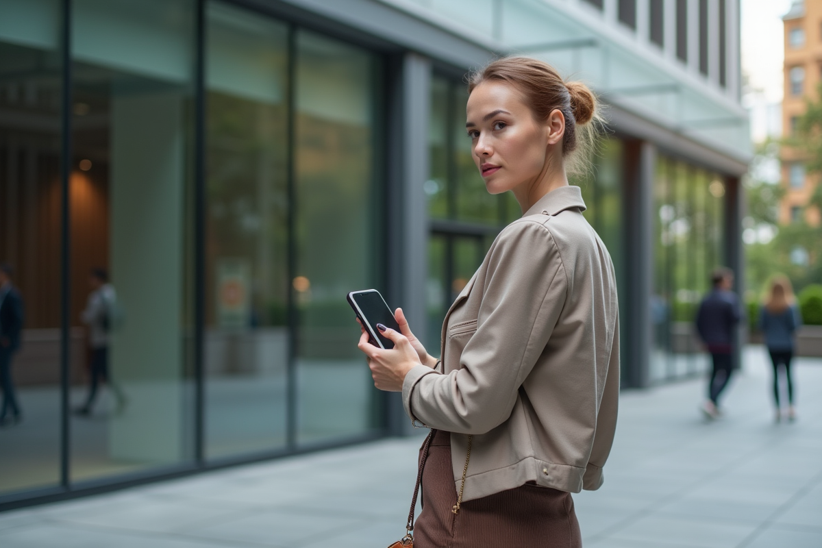 Femme confiante attendant devant un bureau moderne