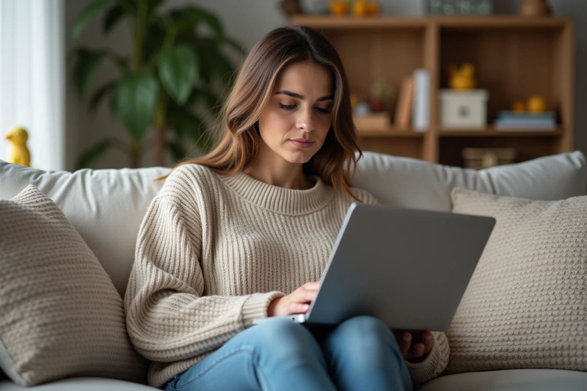 Femme assise sur un canapé consulte des conseils parentaux sur son ordinateur