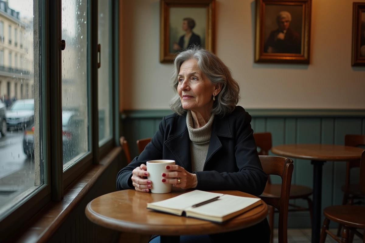 Femme pensive attablée dans un café parisien, journal fermé devant elle, atmosphère intime et réservée