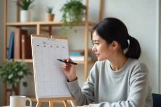 Femme consultant un calendrier papier mural pour planifier les semaines paires et impaires de 2026