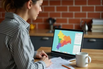 Femme consultant une carte des zones scolaires sur son ordinateur portable à la maison pour planifier ses vacances