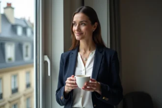 Femme élégante dans la trentaine protégeant son intimité dans un appartement parisien moderne, tenant une tasse de café