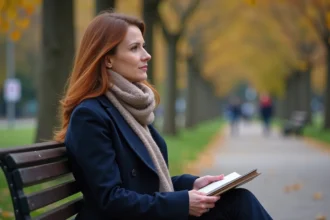 Femme pensive assise sur un banc dans un parc automnal