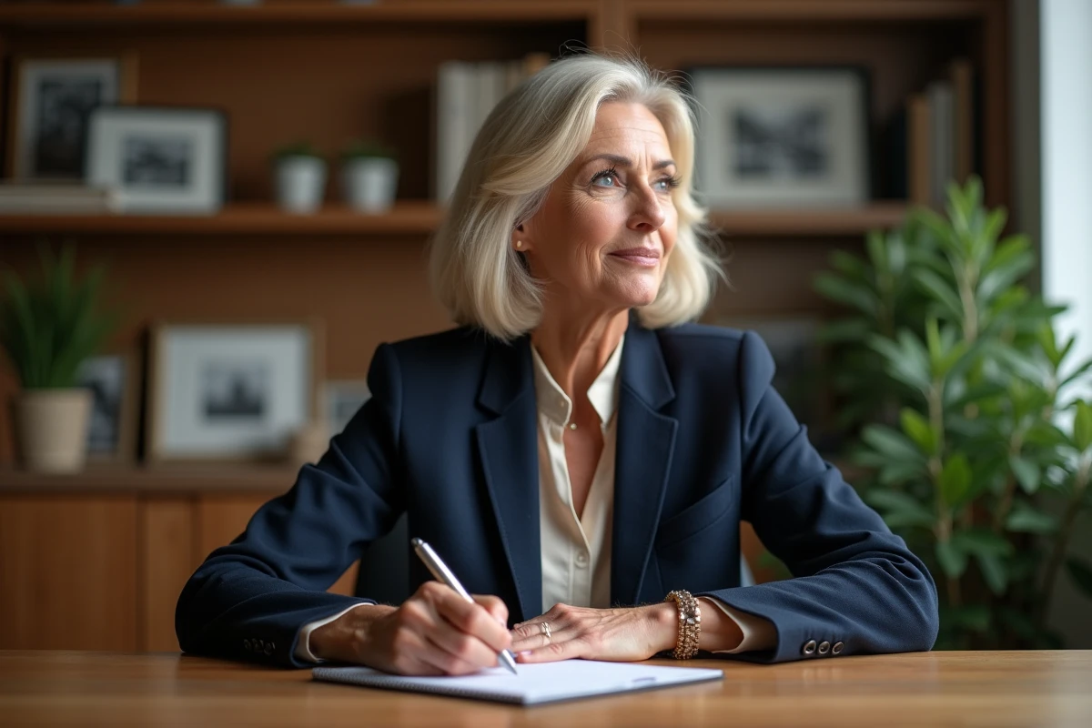 Femme d'une cinquantaine réfléchissant dans un bureau chaleureux