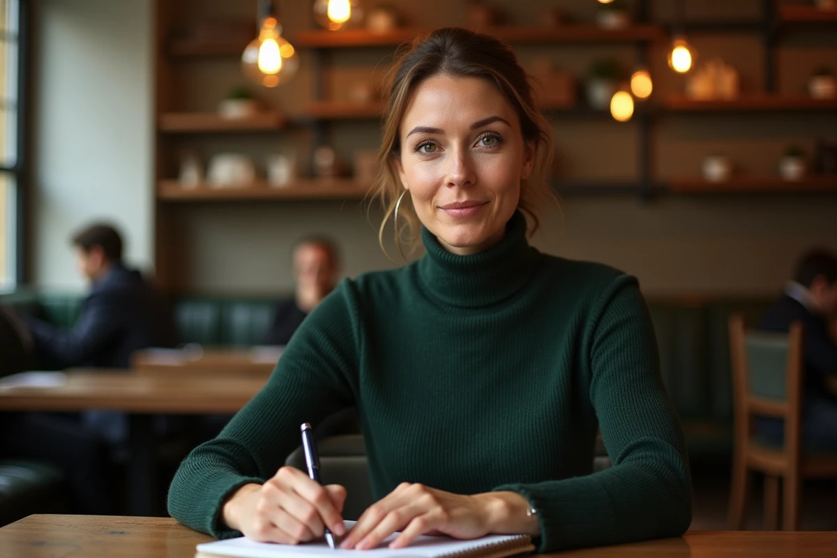 Femme sereine assise dans un café parisien avec un carnet fermé, incarnant la discrétion et la protection de la vie privée