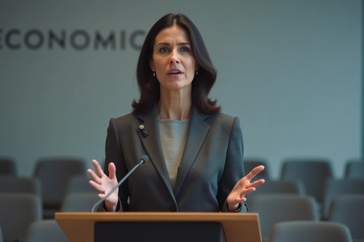 Femme économiste prenant la parole lors d'une conférence institutionnelle, portrait professionnel éditorial