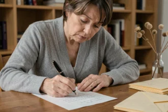 Femme écrivant une lettre de condoléances à la main sur un bureau en bois, expression recueillie et mélancolique