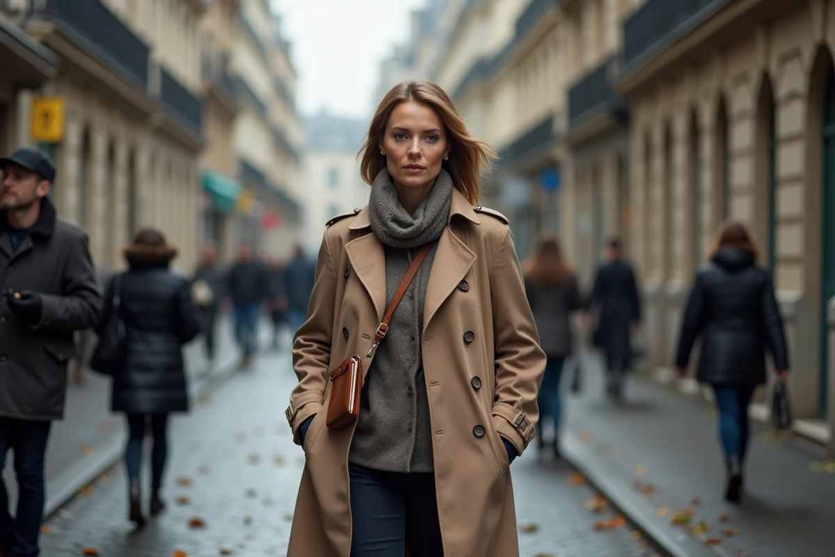 Femme élégante marchant dans une rue parisienne haussmannienne en automne, allure discrète et professionnelle