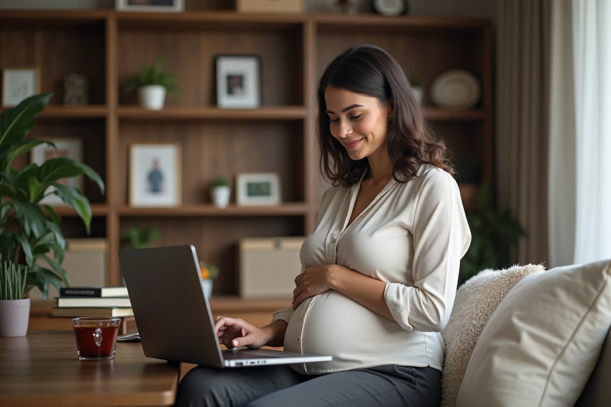 Femme enceinte souriante dans un intérieur chaleureux