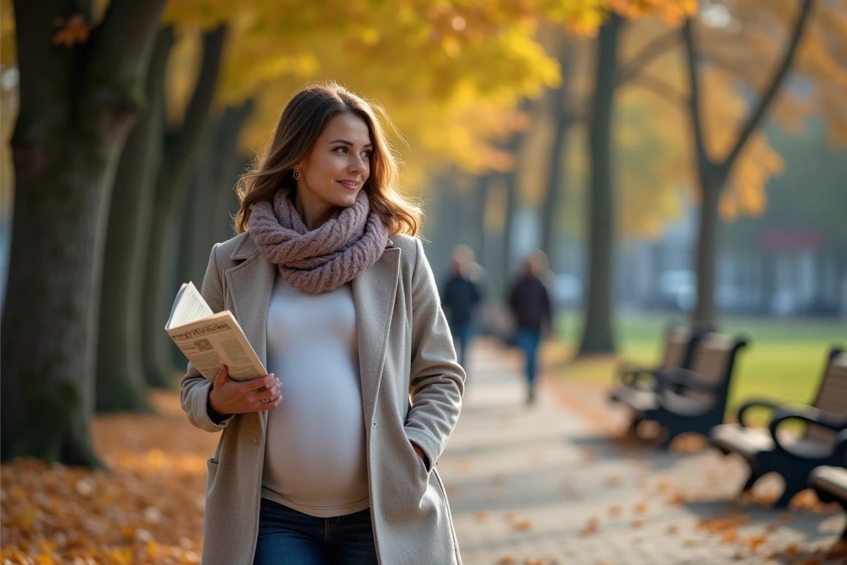 Femme enceinte se promenant dans un parc en automne
