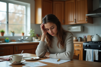 Femme fatiguée dans la cuisine avec dessins d'enfants