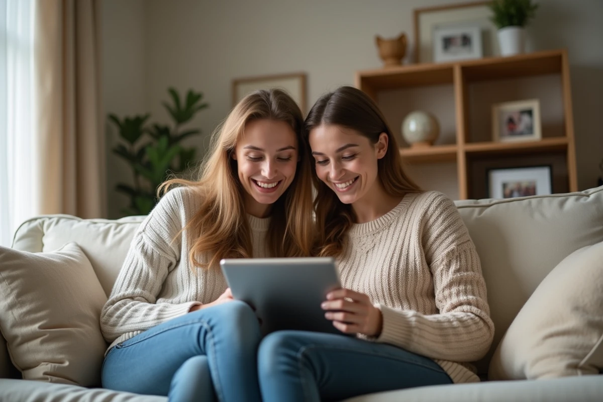 Femme et mère rient ensemble avec une tablette dans un salon chaleureux
