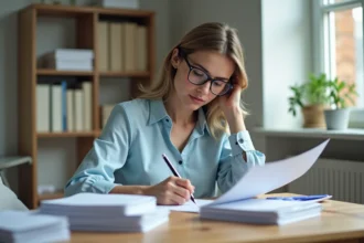 Femme remplissant un formulaire administratif pour un changement de CAF à son bureau à domicile