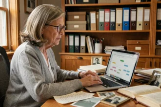 Femme d'une cinquantaine d'années consultant la base généalogique Roglo sur un ordinateur portable entouré de vieilles photos de famille et de documents manuscrits