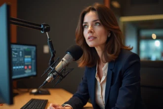 Femme journaliste radio assise devant un micro professionnel dans un studio de radio, évoquant la vie privée dévoilée lors d'interventions médiatiques
