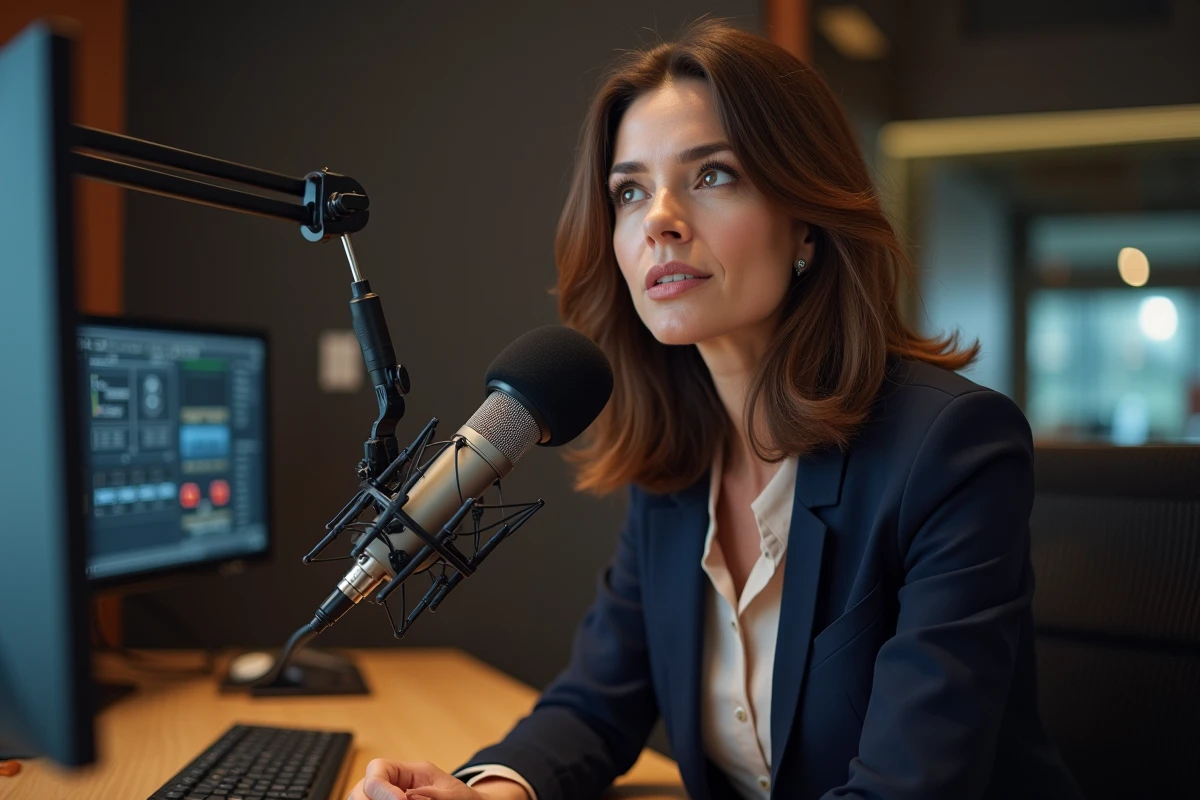Femme journaliste radio assise devant un micro professionnel dans un studio de radio, évoquant la vie privée dévoilée lors d'interventions médiatiques