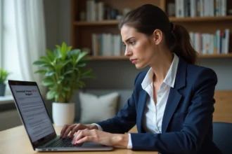 Femme lisant une politique de confidentialité sur un ordinateur portable dans un bureau moderne
