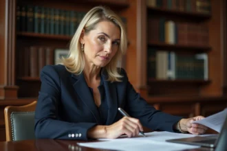 Femme politique française blonde en veste marine travaillant dans un bureau institutionnel