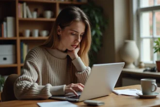 Femme cherchant des informations sur internet avec prudence, assise à un bureau en bois avec un ordinateur portable
