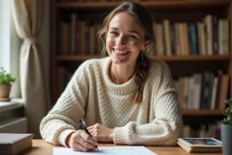 Femme écrivant un message d'anniversaire personnalisé à la main sur une carte, assise à un bureau en bois dans un intérieur chaleureux