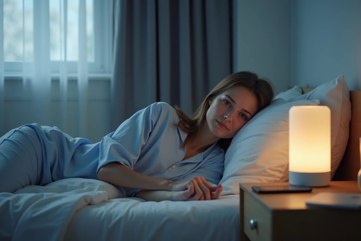 Femme adulte au réveil regardant sa veilleuse connectée avec suivi du sommeil sur la table de nuit