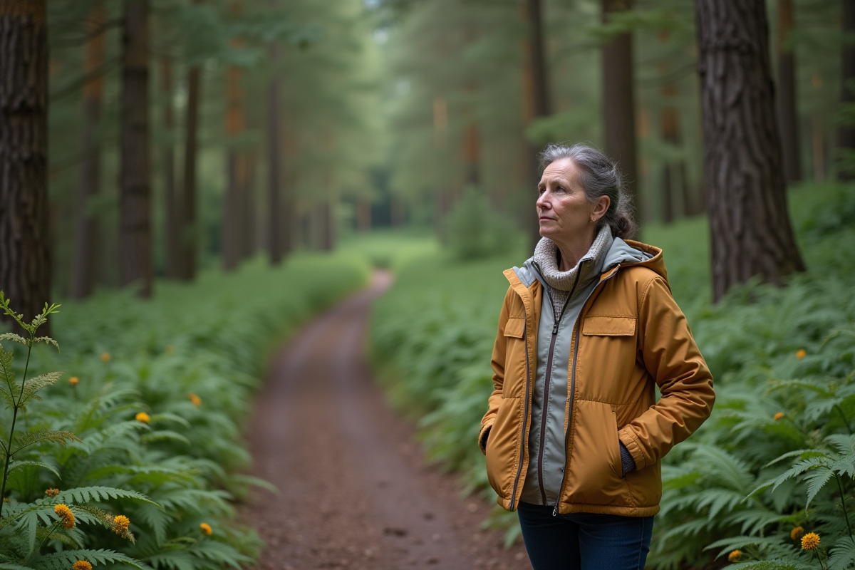 Femme contemplative dans la nature entourée de verdure