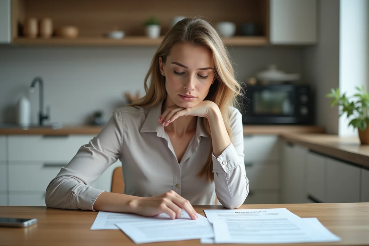 Femme en réflexion examinant des papiers de divorce