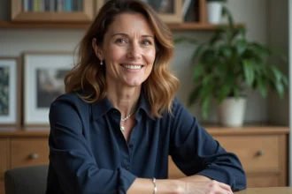 Femme d'environ 50 ans souriante dans un intérieur chaleureux