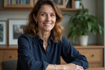 Femme d'environ 50 ans souriante dans un intérieur chaleureux