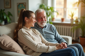 Jeune femme et homme age souriants dans un salon lumineux