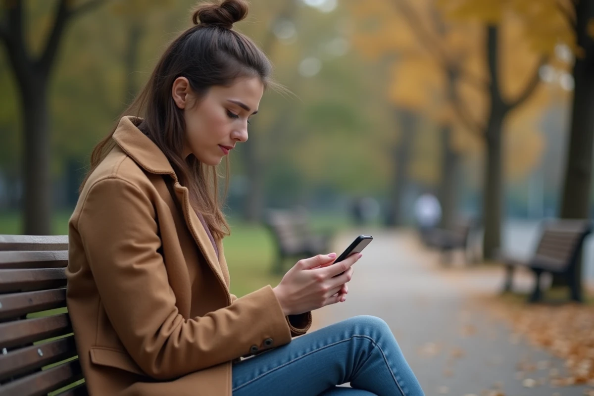 Femme seule sur un banc de parc regardant son téléphone avec une expression pensive après une rupture émotionnelle