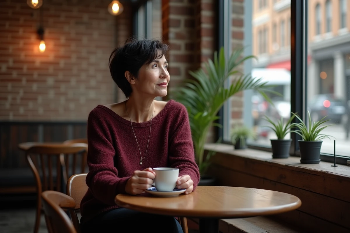 Femme songeuse attablée dans un café parisien tenant un café, évoquant la vie privée et l'intimité d'une figure médiatique de la radio française