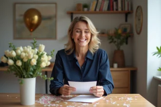 Femme souriante ouvrant une carte d anniversaire dans un intérieur lumineux
