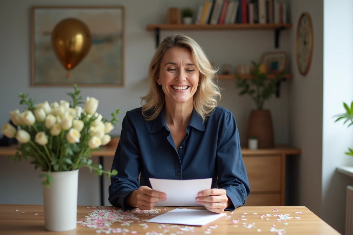 Femme souriante ouvrant une carte d anniversaire dans un intérieur lumineux
