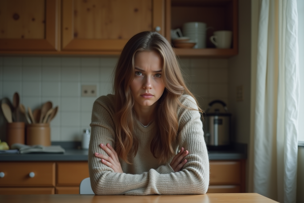 Jeune femme assise tendue dans une cuisine modeste