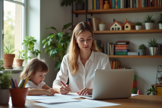 Femme au bureau à domicile avec sa fille en arrière-plan
