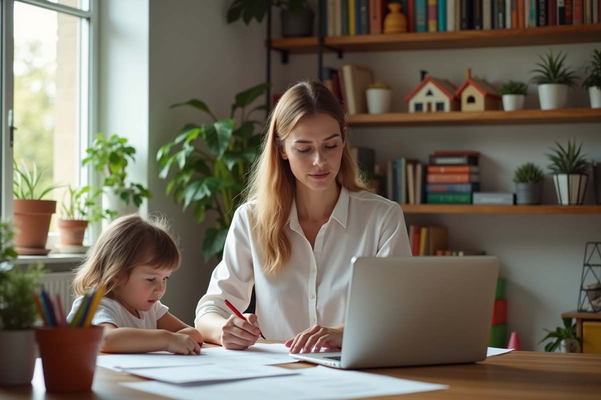 Femme au bureau à domicile avec sa fille en arrière-plan